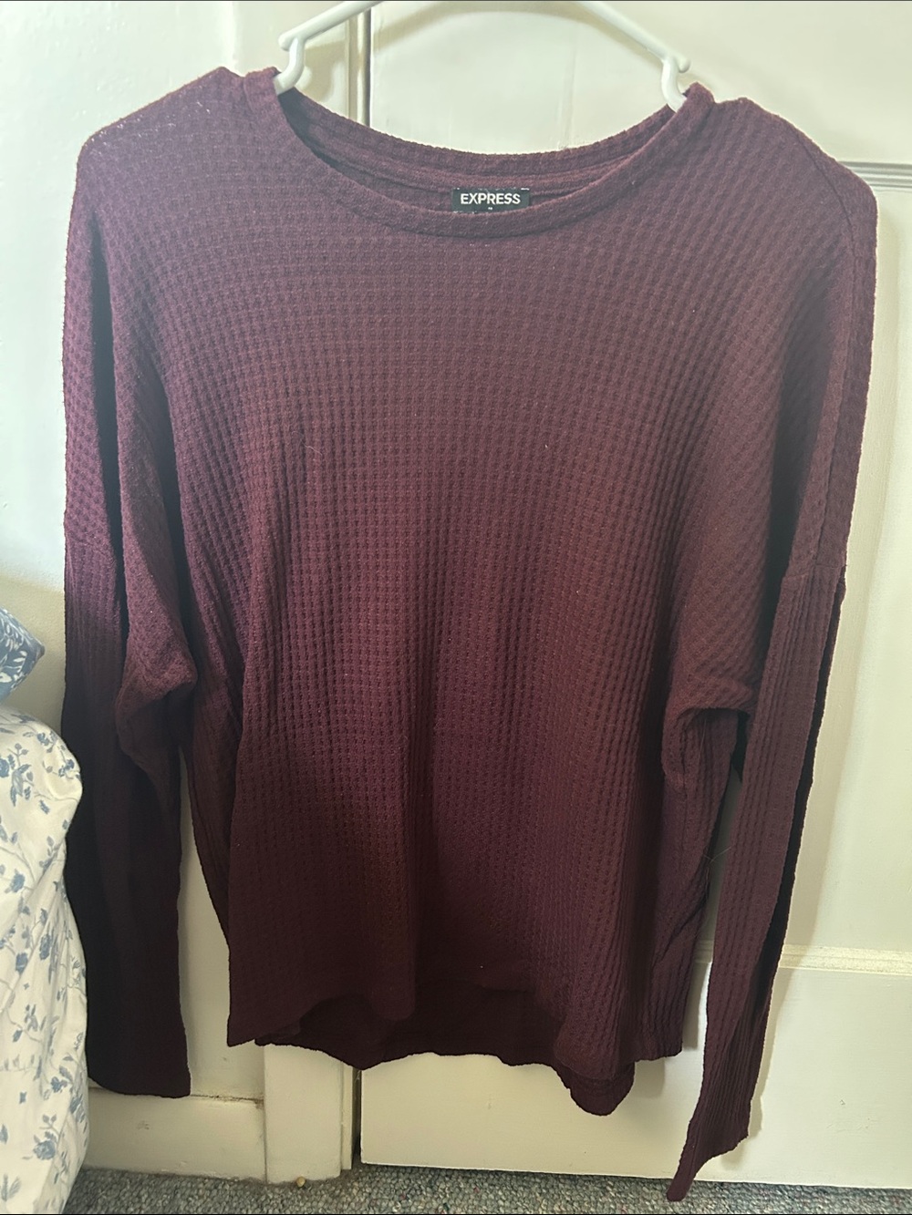 Express Eggplant Waffle Knit Long Sleeve Top